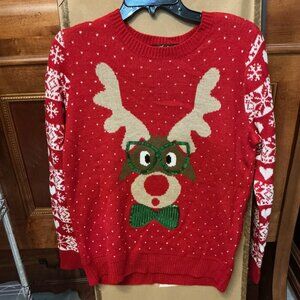Absolutely Famous Goofy Nerd Reindeer Red body, Snowflake heart sleeves